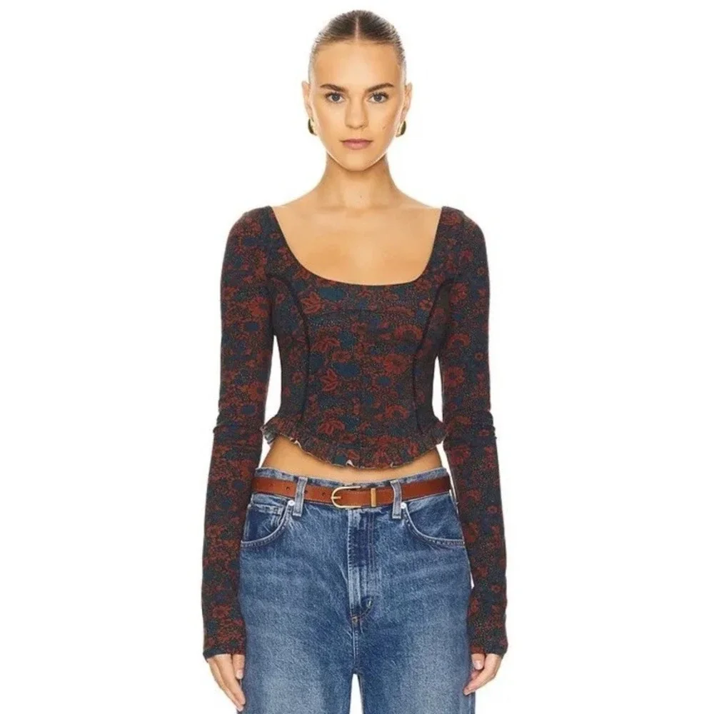 Free People Melanie Long Sleeve Top in Night Combo Large Crop Criss Cross Back